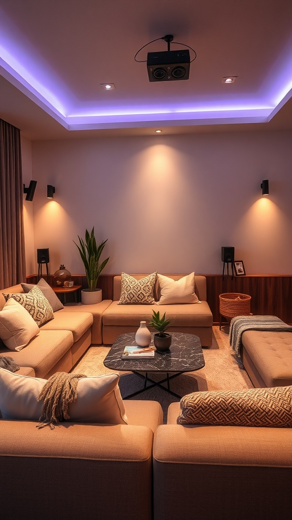 Cozy lounge setup with plush sofas, soft lighting, and a projector.