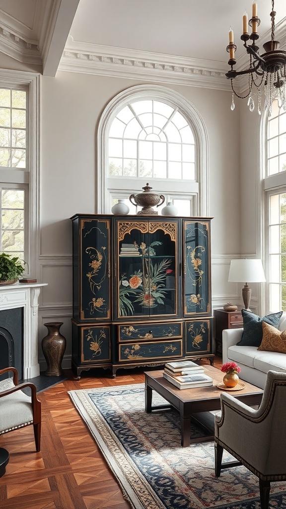 A beautifully designed Chinoiserie cabinet in a stylish living room setting.