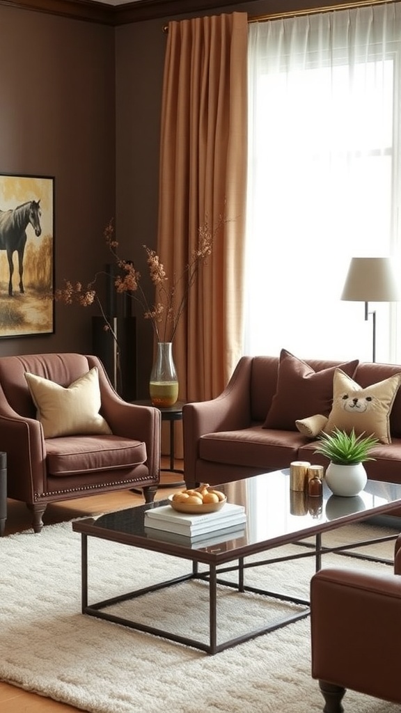 A cozy living room featuring chocolate brown accent chairs, a coffee table, and warm curtains.