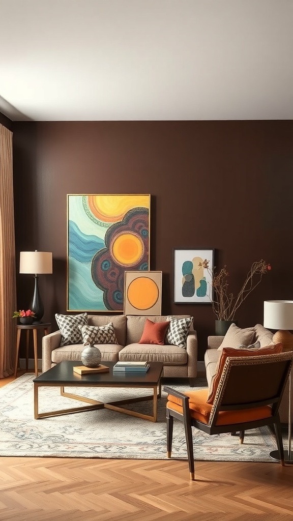 Living room with chocolate brown accent wall and colorful artwork