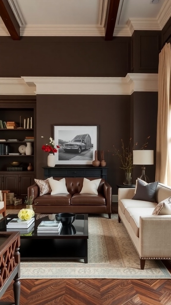 A cozy living room featuring chocolate brown walls, cream furniture, and warm decor elements.