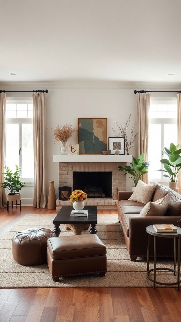 A cozy living room with chocolate brown leather furniture, earthy tones, and plants.