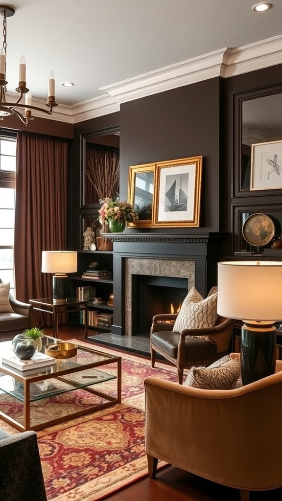 Living room with chocolate brown walls, gold accents, and stylish decor.