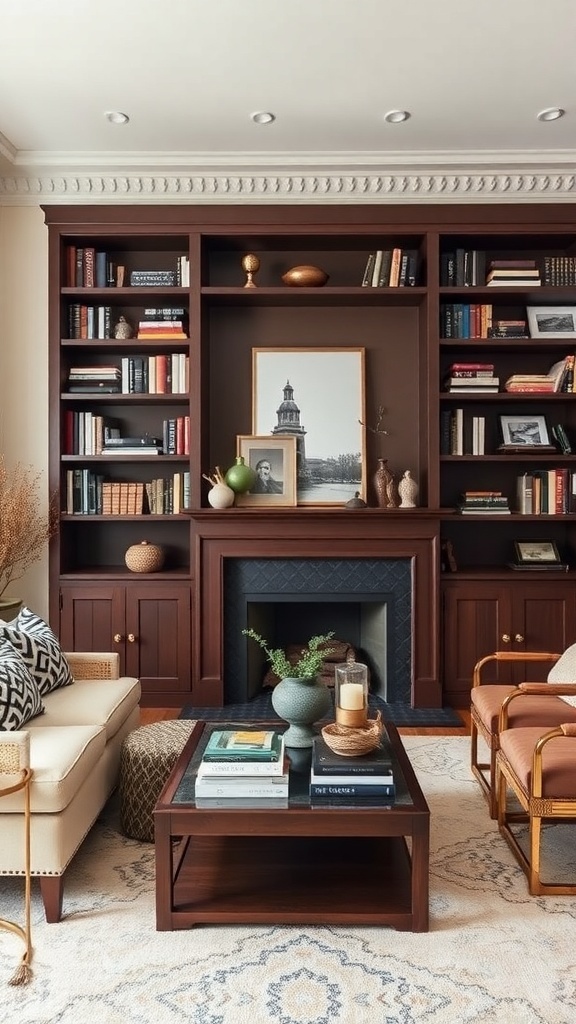 A cozy living room featuring chocolate brown bookcases filled with books and decor, a fireplace, and a stylish coffee table.