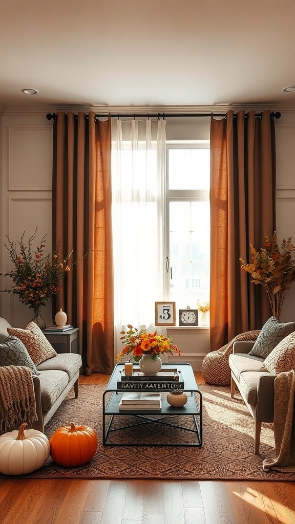 Living room with chocolate brown curtains, fall decor including pumpkins and flowers.
