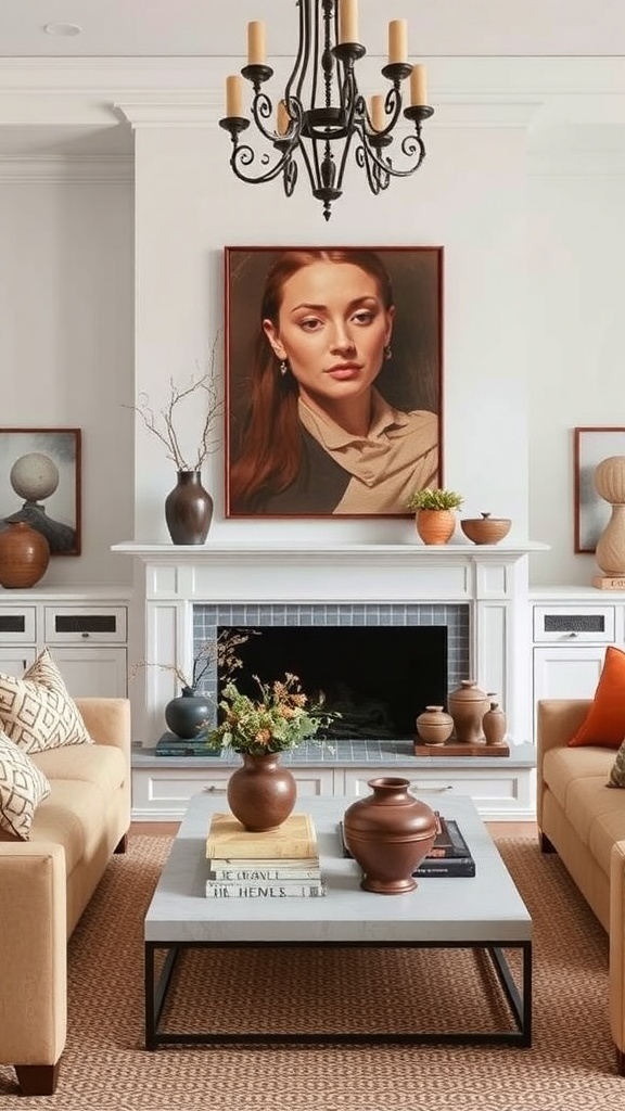 A cozy living room featuring chocolate brown decorative accessories, including vases and artwork, creating a warm atmosphere.
