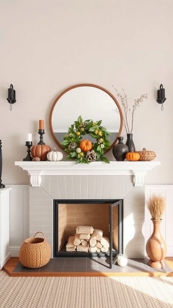 Stylishly decorated fireplace mantel with a mirror, pumpkins, candles, and greenery