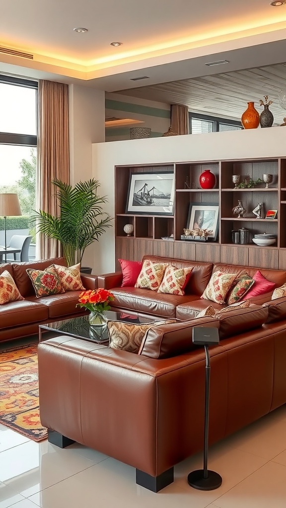 Cozy living room with chocolate brown leather sofas, colorful throw pillows, and a stylish coffee table.