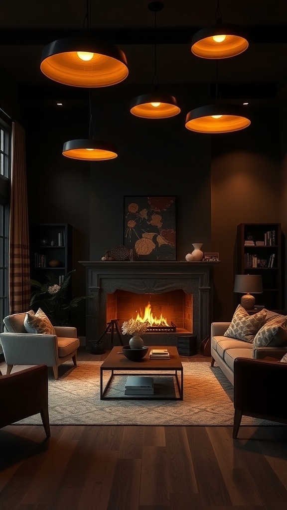 Cozy living room with chocolate brown lighting fixtures and a fireplace