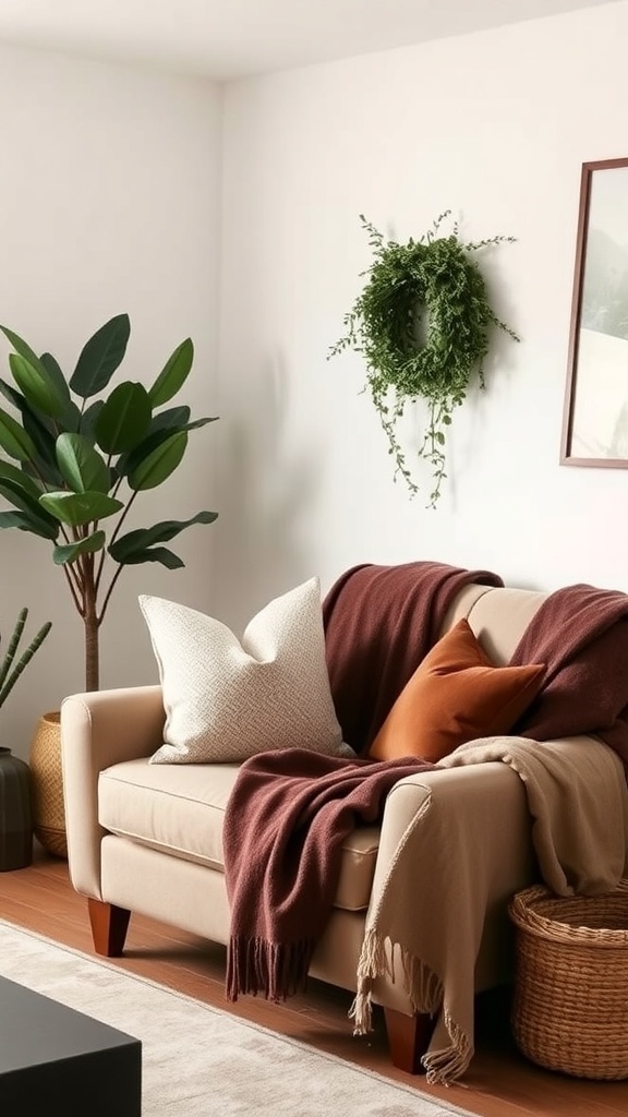 Cozy living room chair with chocolate brown throw blanket and pillows
