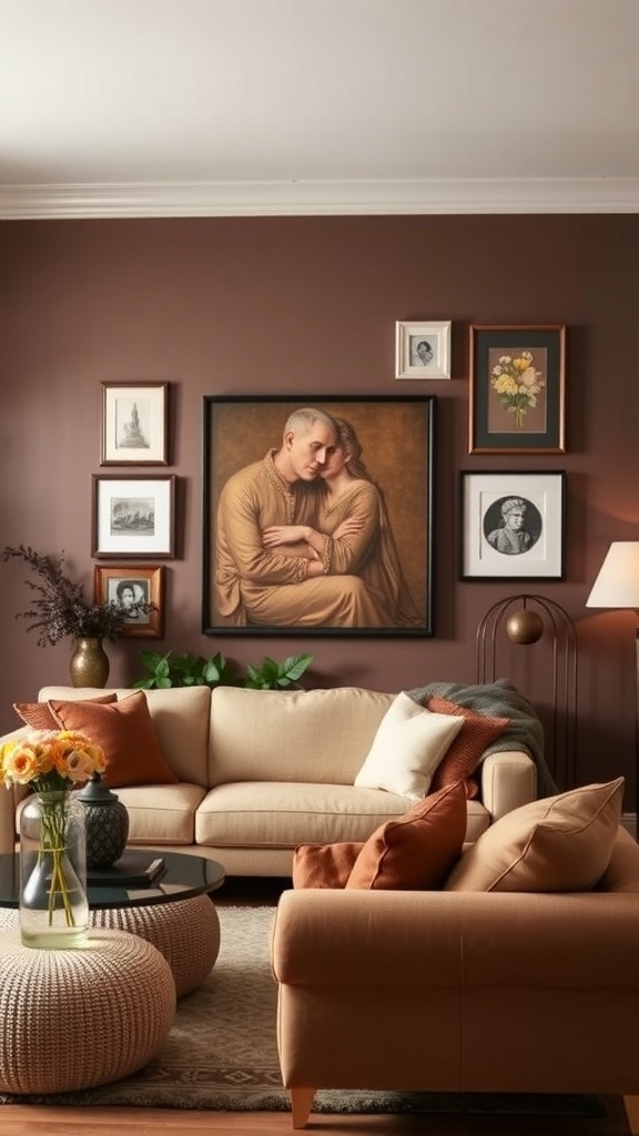 A living room with chocolate brown walls featuring a central portrait and various framed artworks.