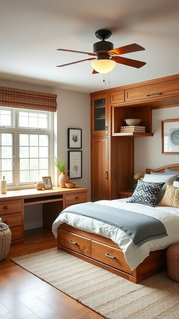 A cozy bedroom featuring multi-functional furniture, including a bed with storage drawers and a desk area.