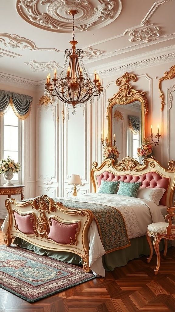 A beautifully styled Rococo bedroom with pink and gold accents, featuring an ornate bed, chandelier, and elegant decor.