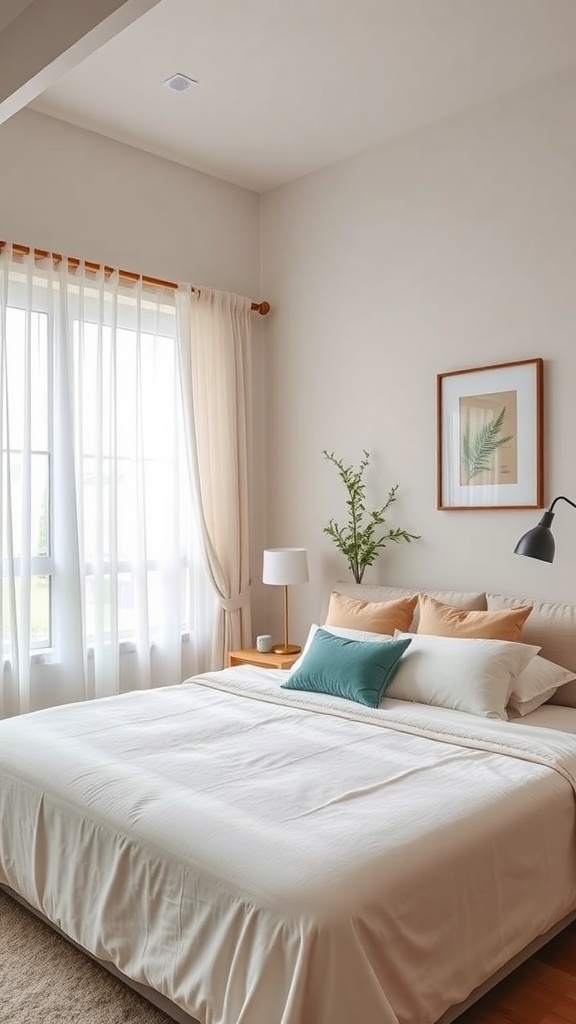A cozy bedroom with a neatly made bed, soft pillows, and natural light filtering through sheer curtains.