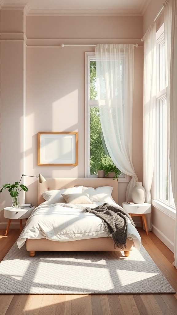 A cozy small bedroom with light-colored walls, a soft bed, and natural light streaming through large windows.