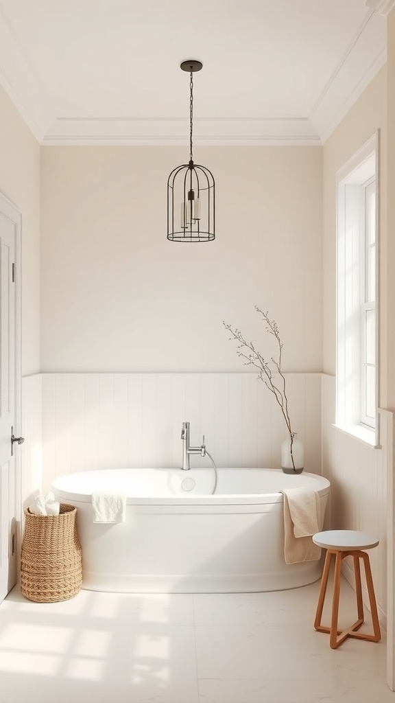 Minimalist cottage bathroom with neutral colors, featuring a white bathtub, a black pendant light, and a woven basket.