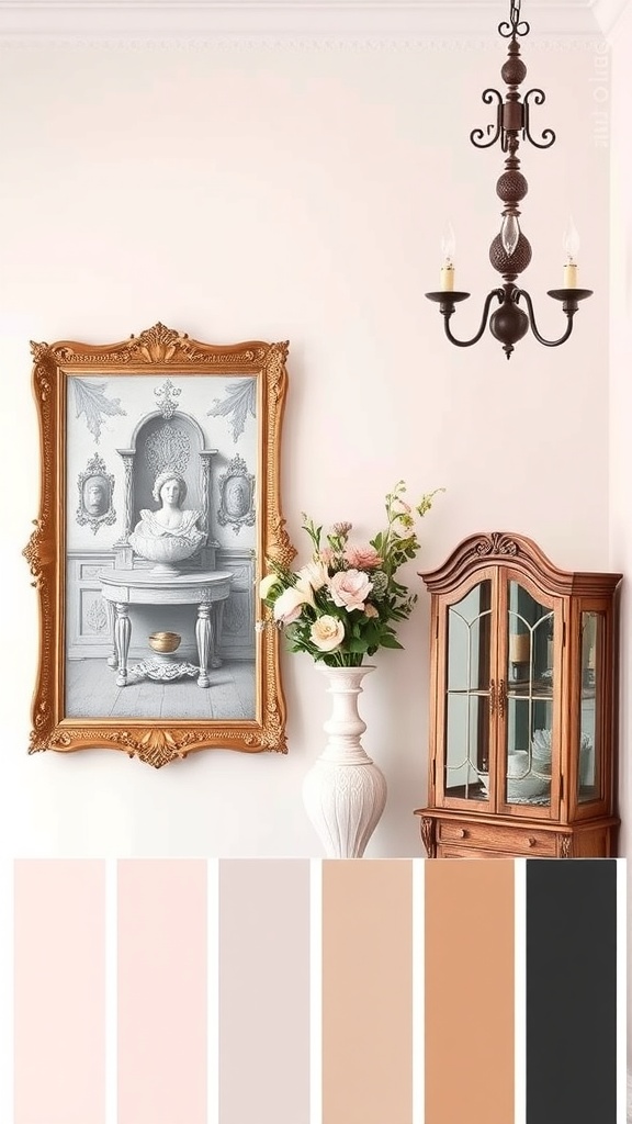 A Rococo-inspired color palette featuring soft pinks, neutrals, and dark accents, with vintage decor elements.