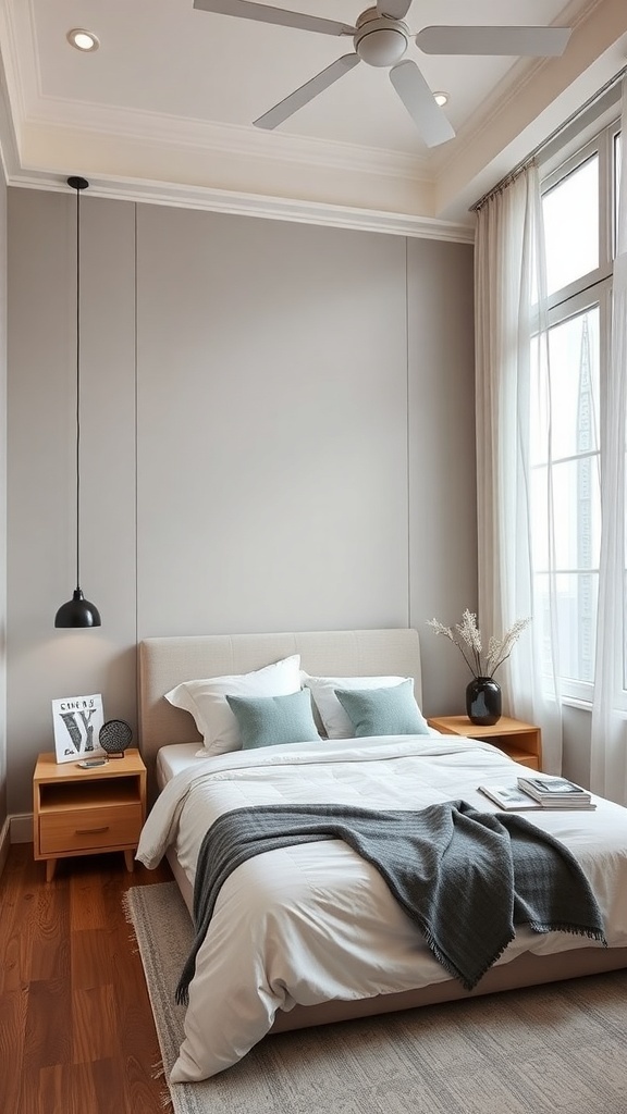 Cozy small bedroom with compact nightstands beside the bed.