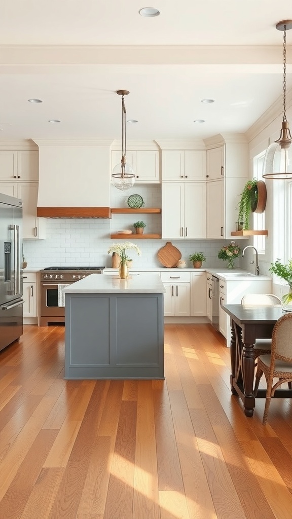 A modern farmhouse kitchen with white cabinets, a gray island, and warm wood flooring.