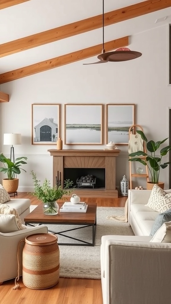A cozy living room featuring a fireplace and farmhouse-inspired artwork.