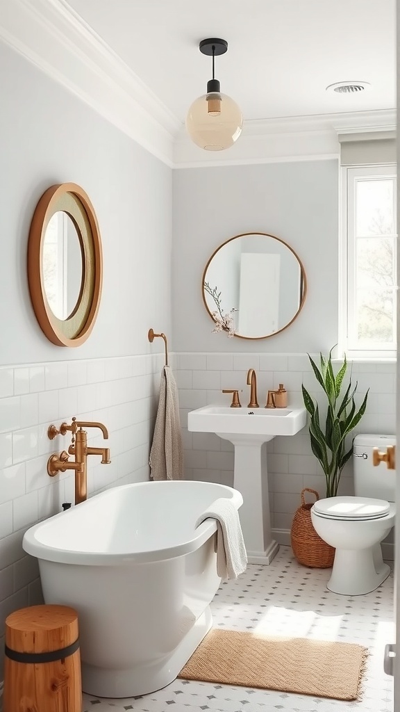 A minimalist cottage bathroom featuring a white bathtub, brass fixtures, and natural decor elements.