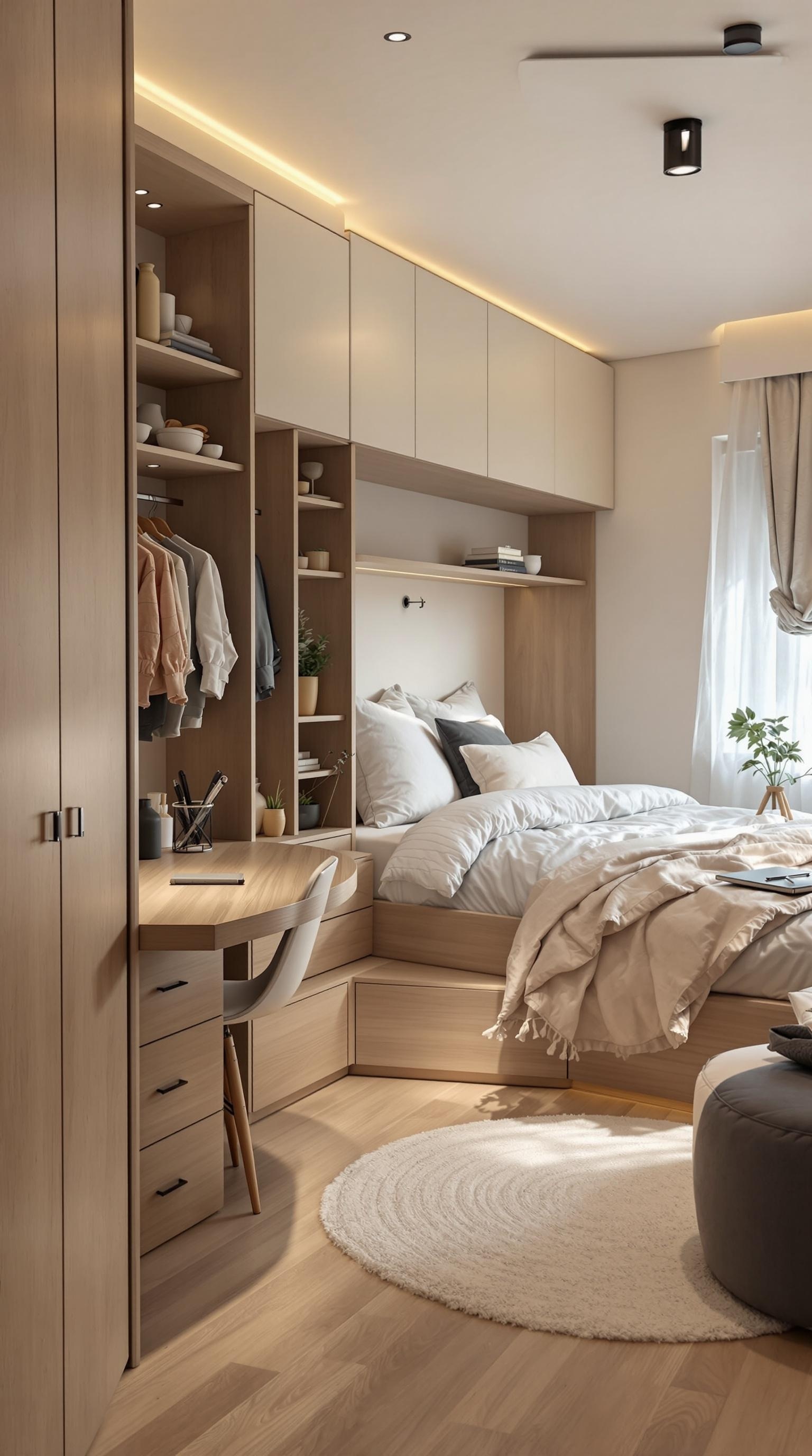 A small bedroom featuring multi-functional furniture, including a bed with storage drawers and a compact desk area.