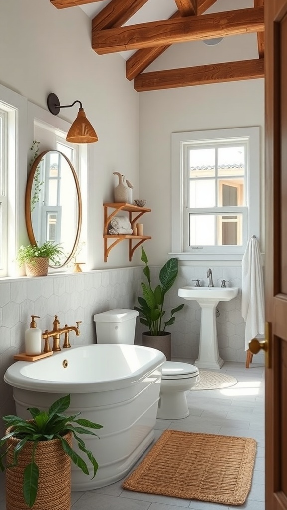 A minimalist cottage bathroom featuring a freestanding tub, wooden accents, and plants.