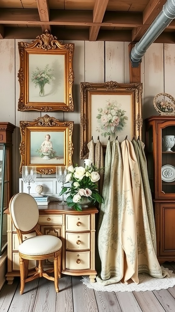 A cozy farmhouse corner featuring Rococo-inspired fabrics, vintage furniture, and floral decor.