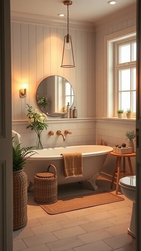 A cozy cottage bathroom with soft lighting, featuring a bathtub, plants, and warm decor.