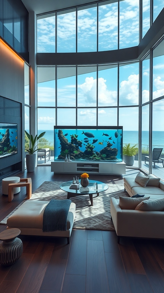 A spacious living room featuring a large aquarium with colorful fish, surrounded by modern furniture and large windows.
