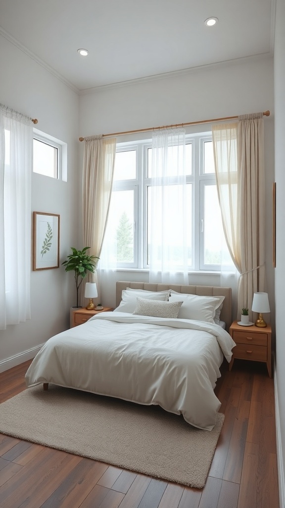 A cozy small bedroom with a neatly made bed, wooden furniture, and natural light from large windows.