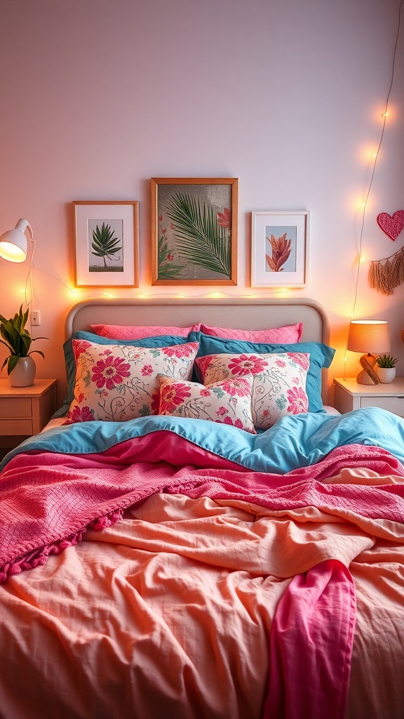 Aesthetic bedroom with colorful bedding and decorative pillows