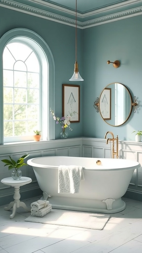A serene bathroom with soft blue walls, a white bathtub, and natural light.