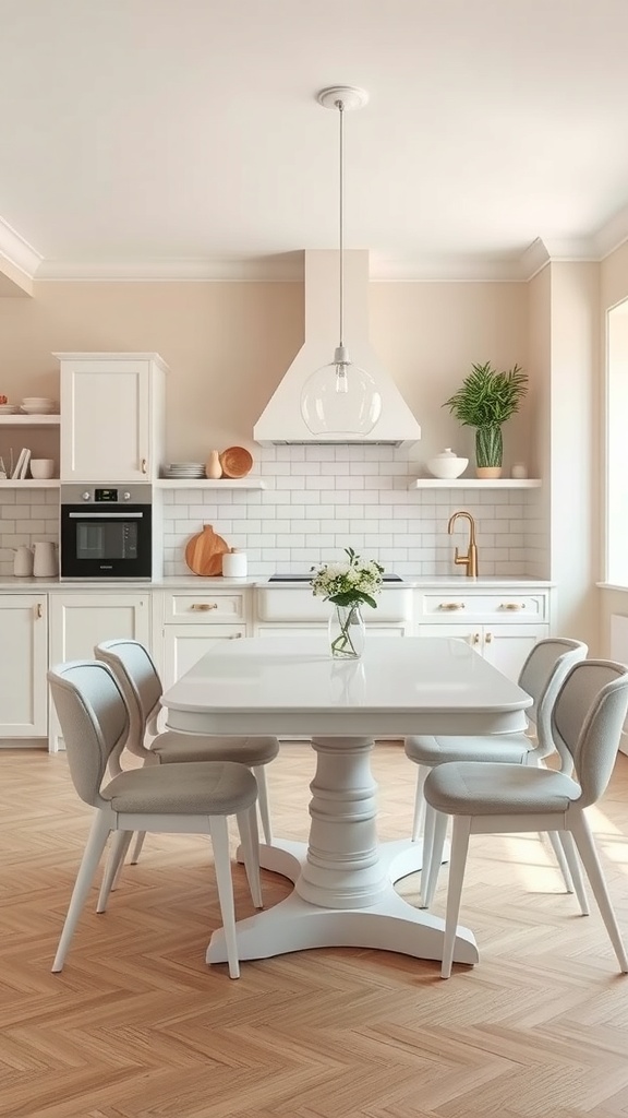 A bright kitchen with beige walls, white cabinetry, and a modern dining table set.
