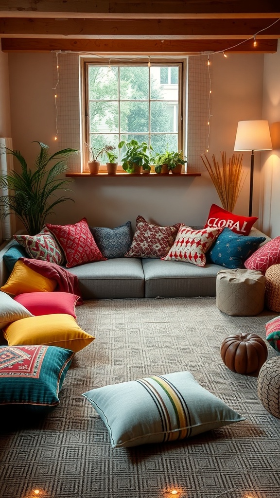 A cozy sunken lounge filled with colorful cushions, a soft rug, and warm lighting.