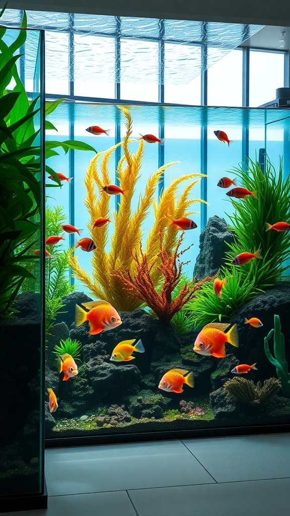 A vibrant aquarium filled with colorful fish swimming among lush plants and rocks.