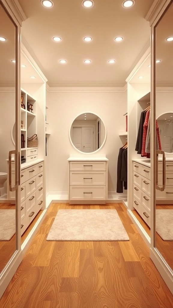 A stylish walk-in closet featuring wooden flooring, bright lighting, and organized storage.