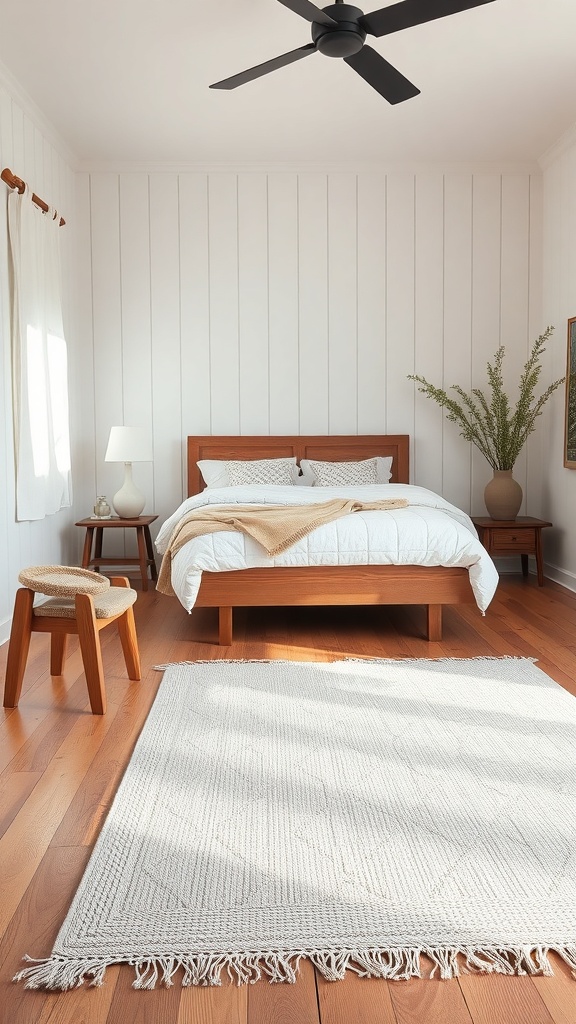 Minimalist farmhouse bedroom with wooden flooring and a cozy rug.