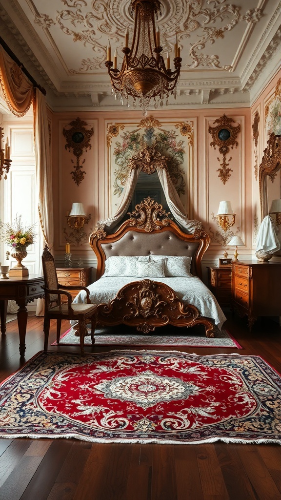 A luxurious Rococo bedroom featuring ornate decor, a grand chandelier, and rich wooden flooring with a decorative area rug.