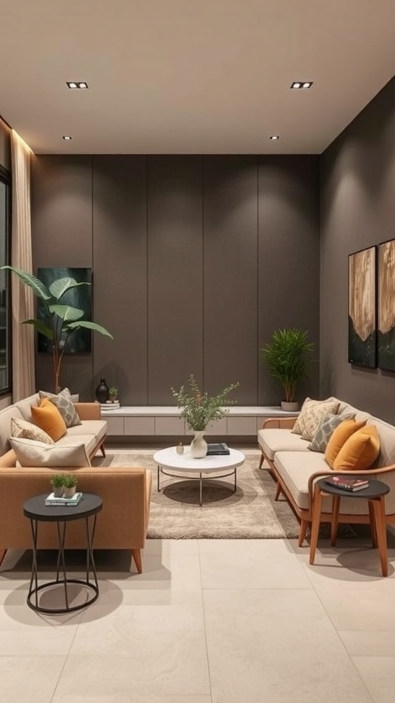 Cozy sunken couch area with light-colored sofas, vibrant pillows, and a round coffee table.