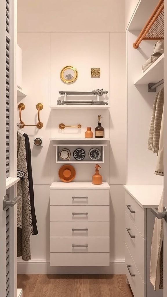 Modern walk-in closet with stylish hardware and fixtures, featuring gold and silver accents, shelves, and a drawer unit.