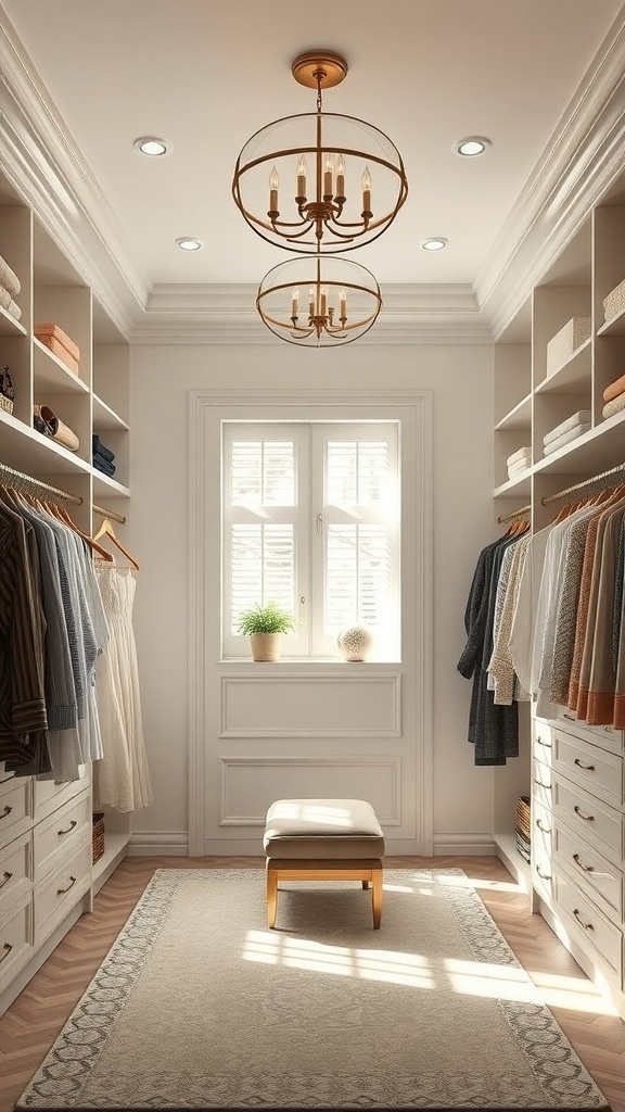A well-lit walk-in closet featuring a chandelier and recessed lighting, with clothes neatly organized on shelves.
