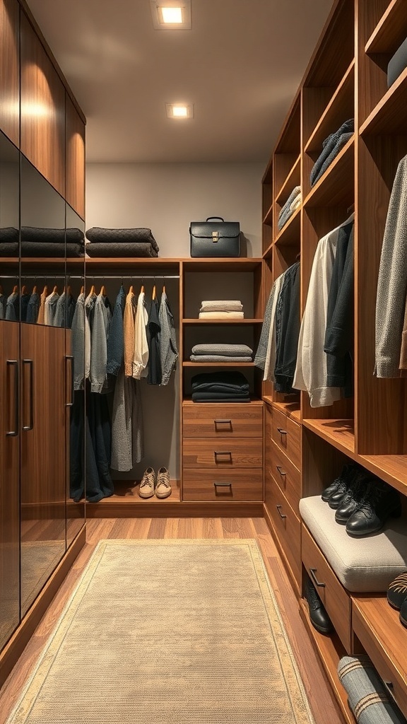 A well-organized walk-in closet featuring wooden shelves, drawers, and a stylish rug.
