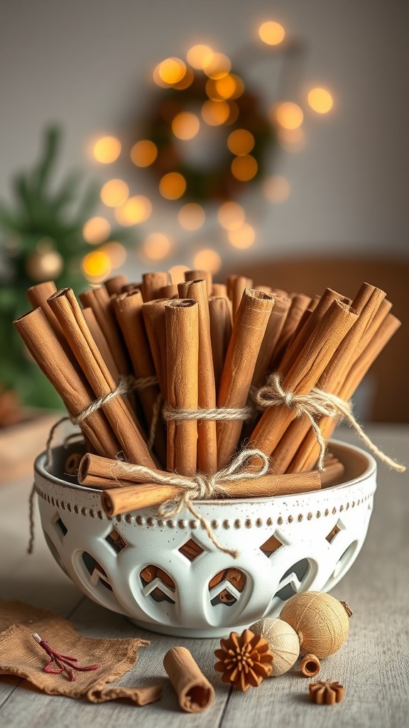 A bowl filled with bundles of cinnamon sticks tied with twine, surrounded by decorative items.
