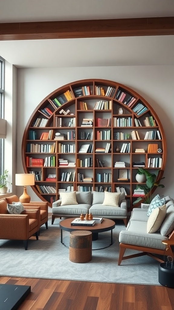 A circular bookshelf filled with books, surrounded by a cozy living room setup.