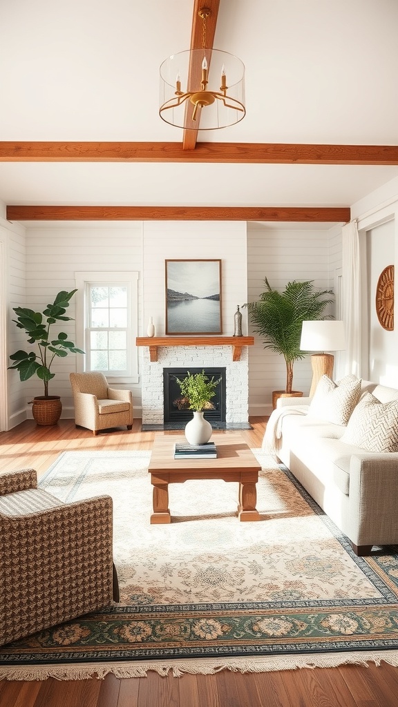 A cozy farmhouse living room featuring a classic area rug, comfortable seating, and warm lighting.