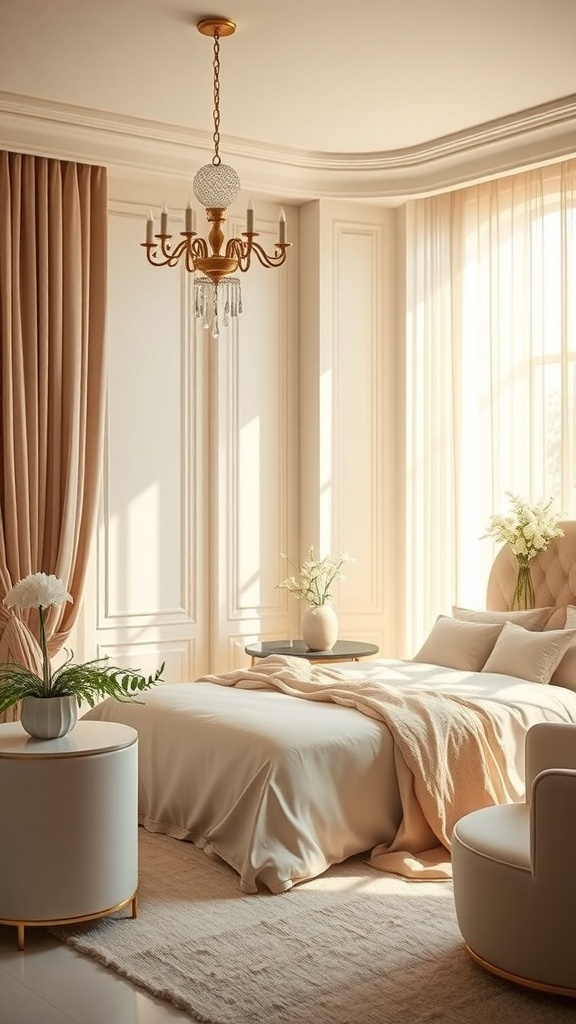 A luxurious Art Deco bedroom featuring a chandelier, soft fabrics, and elegant furniture.