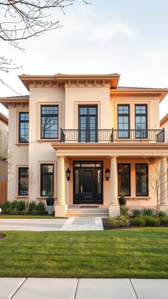 A modern house with a beige exterior and black accents, featuring a well-manicured lawn.