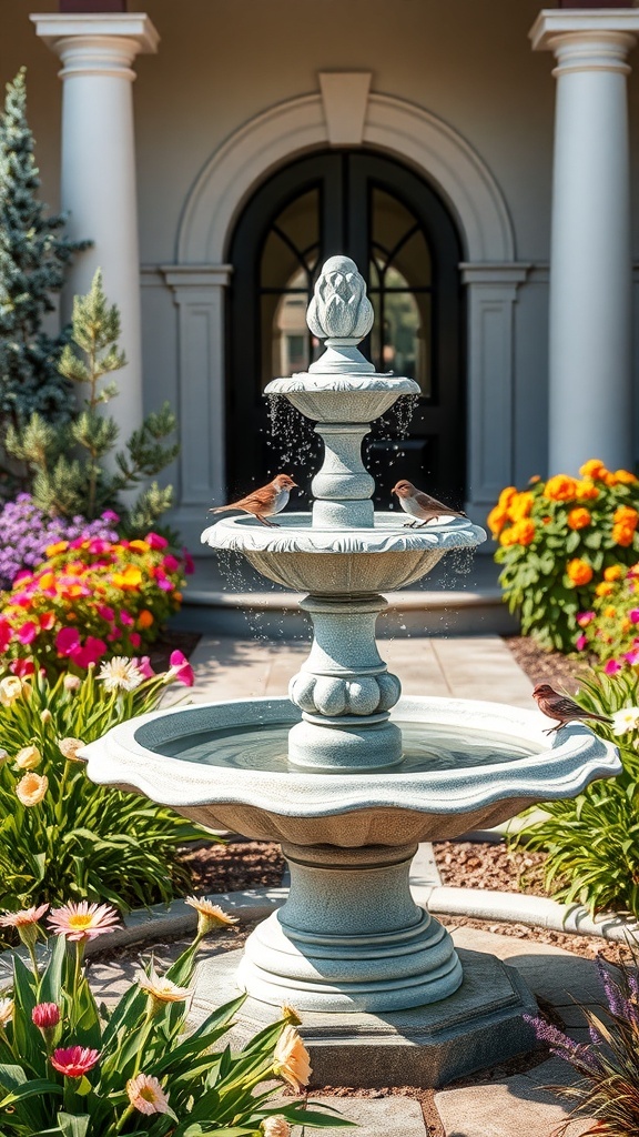 A classic tiered birdbath fountain with birds perched on it, surrounded by colorful flowers.