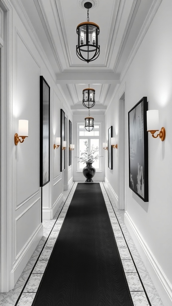 A stylish hallway featuring black and white decor, elegant lighting, and framed artwork.